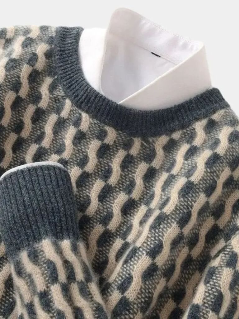 Men’s Knit Sweater – Wool Geometric Crew Casual Everyday Knitwear