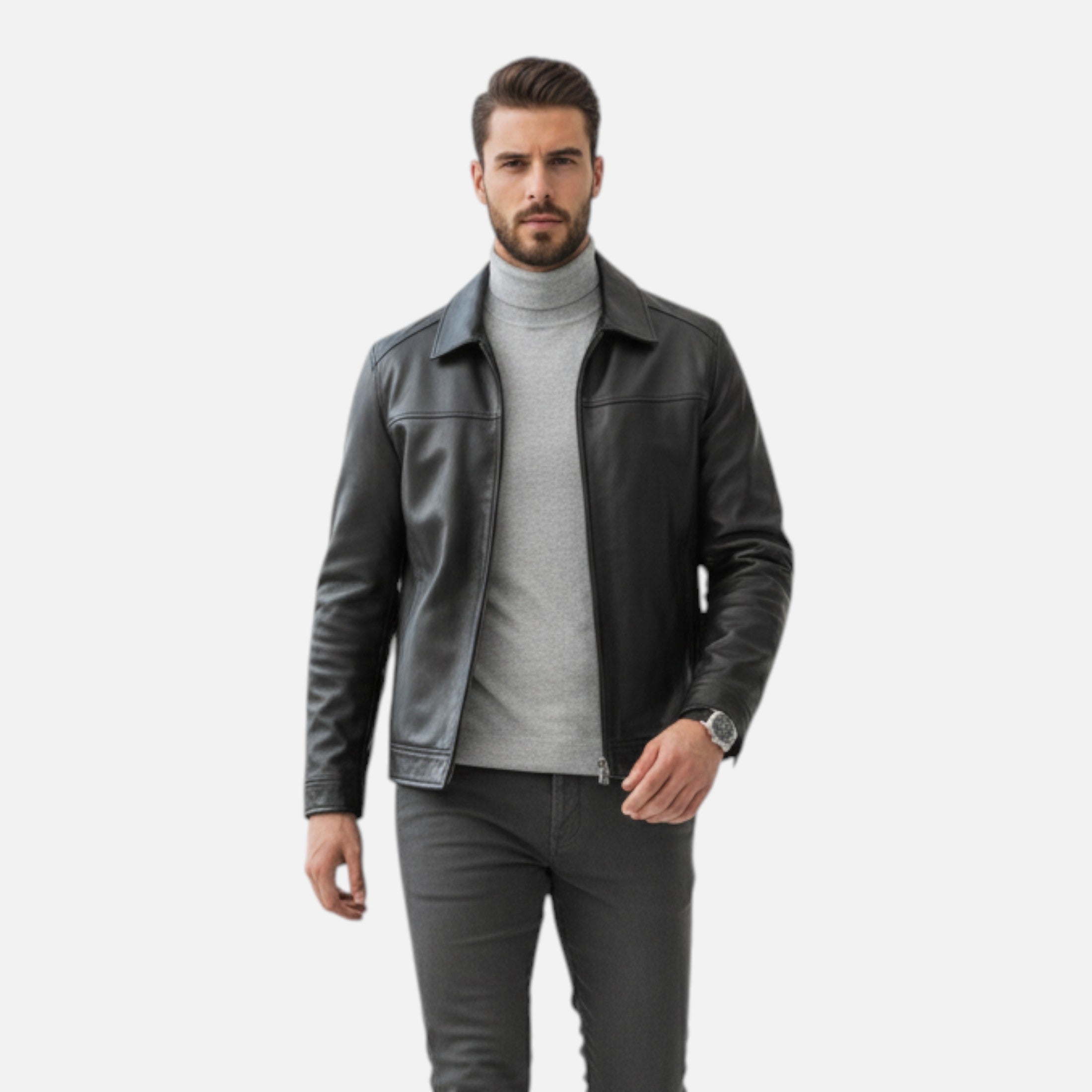 Men’s Polo Leather Coat – Classic Straight-Hem Design