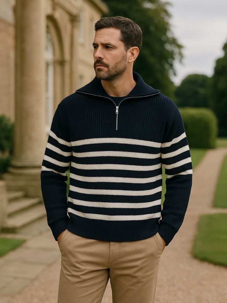 Men’s Knit Sweater – Striped Zip Casual Everyday Knitwear