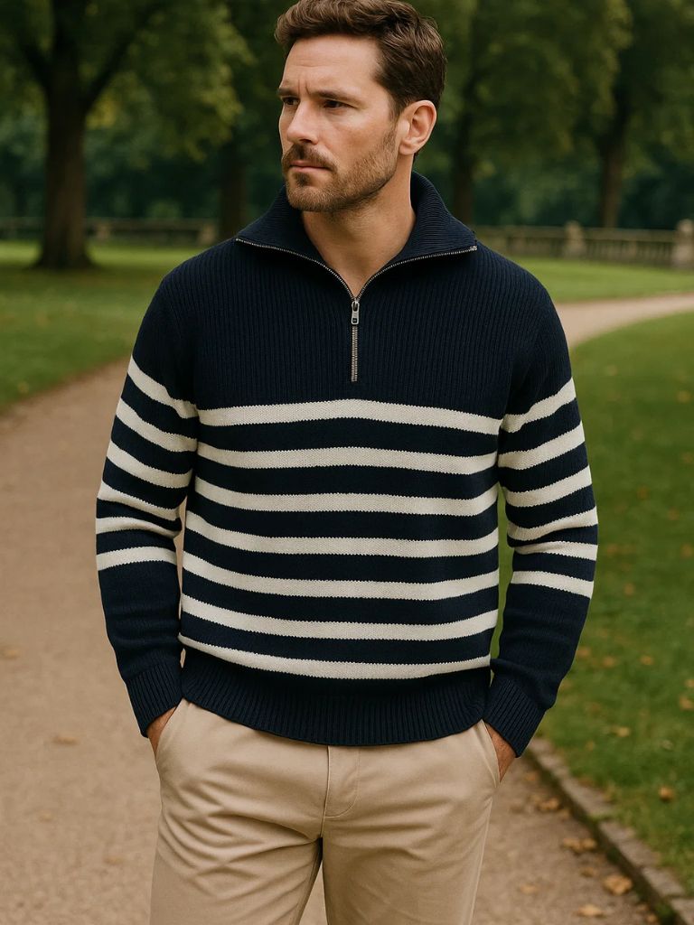 Men’s Knit Sweater – Striped Zip Casual Everyday Knitwear
