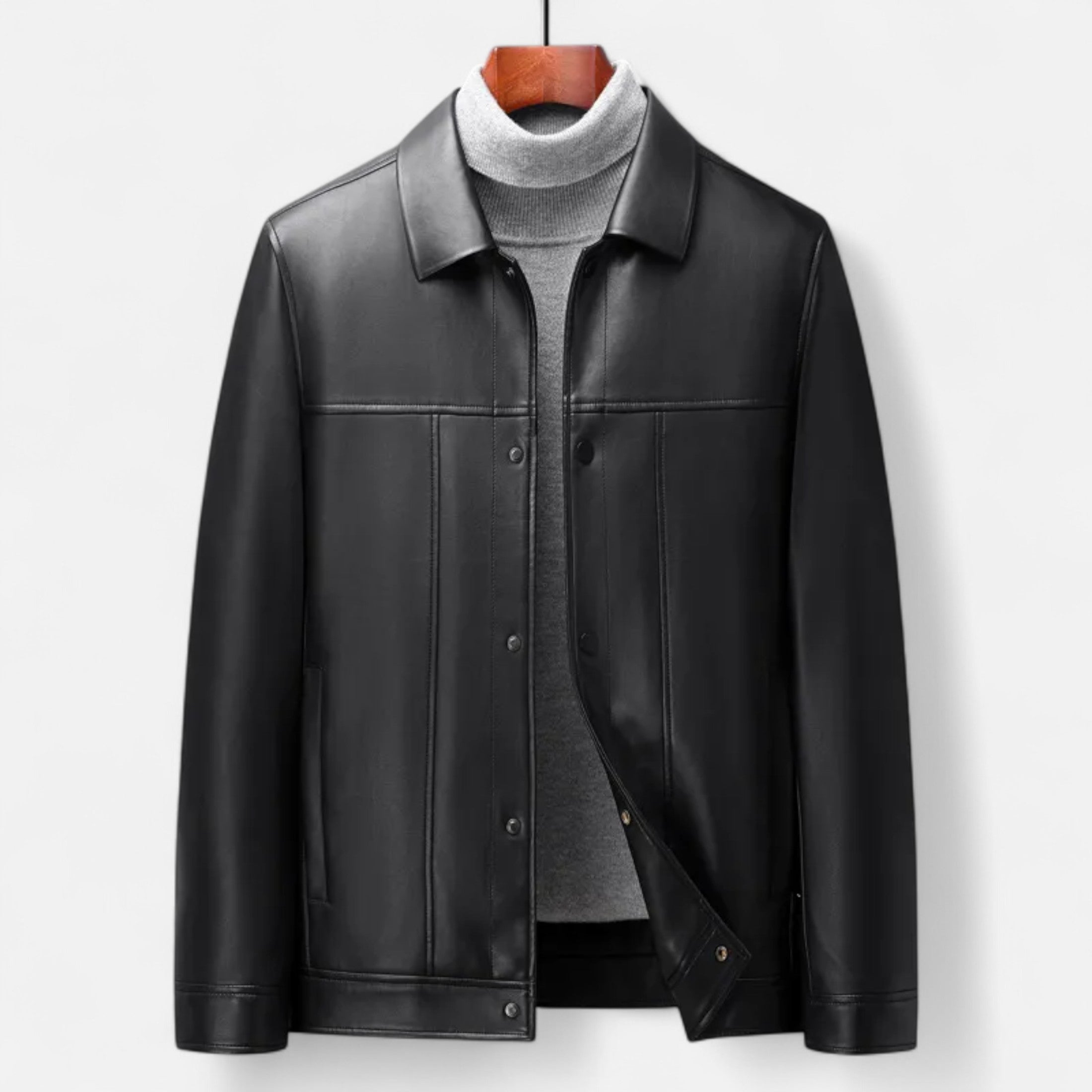 Men’s Polo Leather Coat – Classic Straight-Hem Design