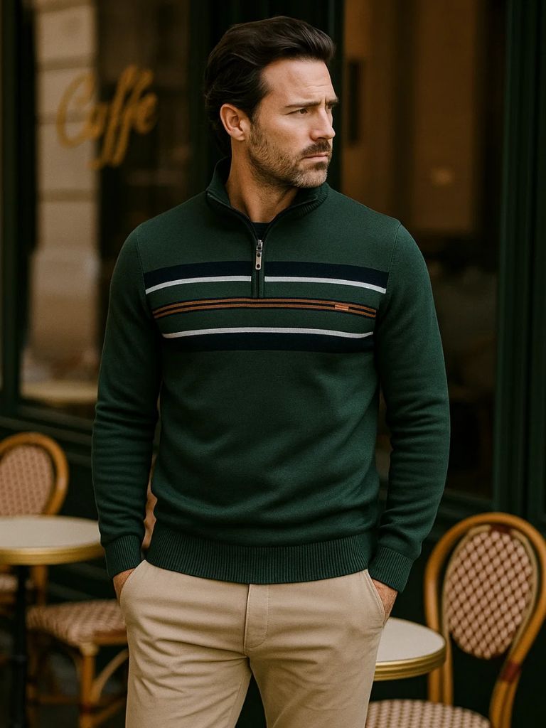 Men’s Knit Sweater – Striped Quarter Zip Casual Everyday Knitwear