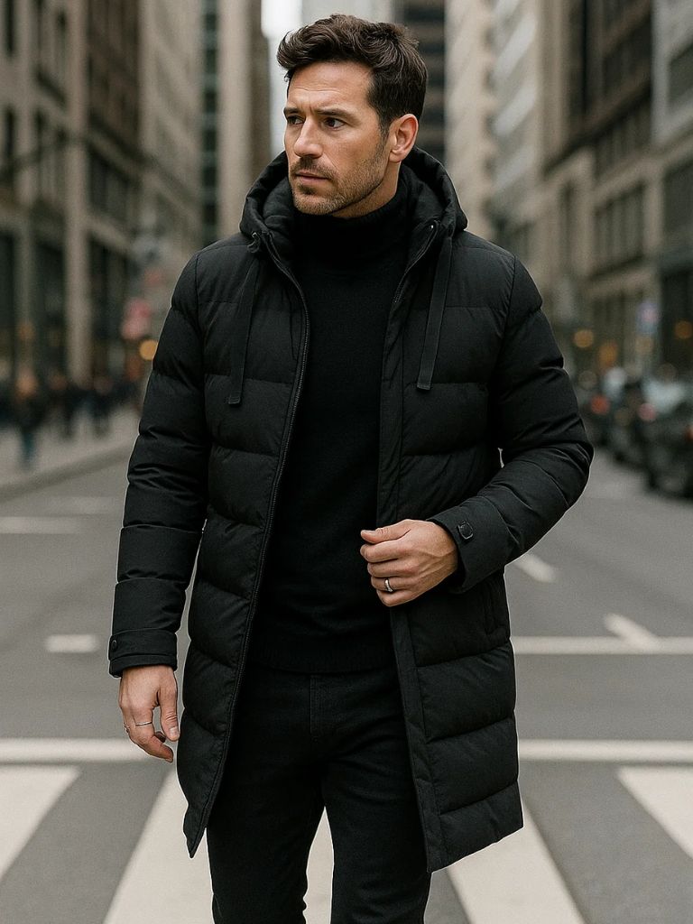 Men’s Puffer Jacket – Minimalist Long Quilted Winter Warmth