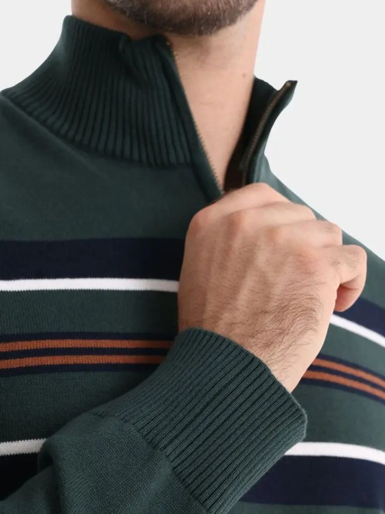 Men’s Knit Sweater – Striped Quarter Zip Casual Everyday Knitwear